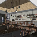 Modern Bar Interior With Pendant Lights Wooden Tables And Liquor Bottle Shelves