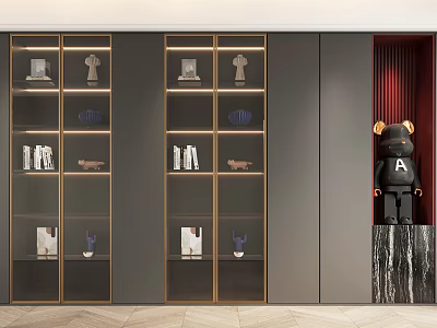 Elegant Modern Dark Gray Bookcase With Glass Doors Golden Frames And Decor Items 3d model
