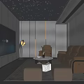 Modern Home Theater Interior With Starry Ceiling Large Screen TV And Brown Sofa