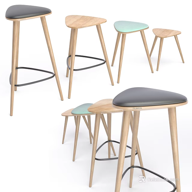 Modern Wooden Bar Stools With Colored Seats And Simple Design Frames 3d model