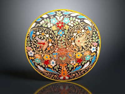Intricate Round Carved Sculpture With Floral Patterns And Colorful Bird Motifs 3d model