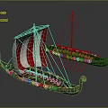 Ancient Water Transport Vessels With Red White Striped Sails And Colorful Circular Patterns