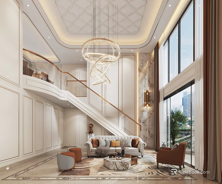 Duplex Living Room Modern Interior With Chandelier Staircase Sofa And Floor To Ceiling Windows 3d model 
