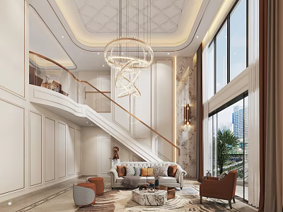 Duplex Living Room Modern Interior With Chandelier Staircase Sofa And Floor To Ceiling Windows 3d model