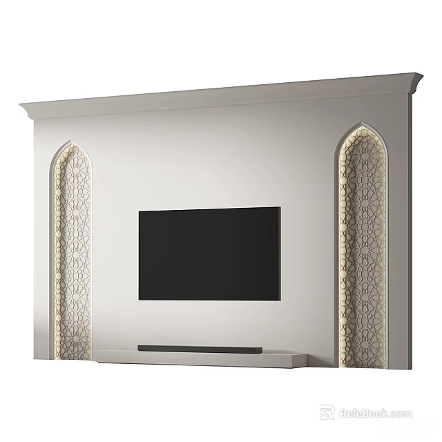 White TV Background Wall With Arched Patterned Decorations And Media Console 3d model 