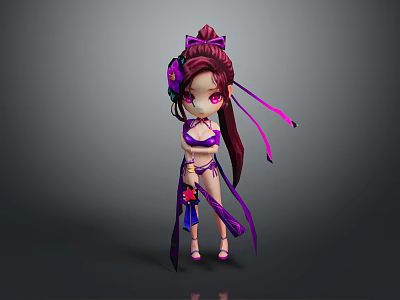 Chibi Game Movie Character Wearing Purple Outfit With Long Hair Flower Accessories And Flowing Ribbons 3d model