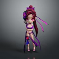 Chibi Game Movie Character Wearing Purple Outfit With Long Hair Flower Accessories And Flowing Ribbons