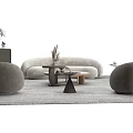 Modern Grey Sofa and Coffee Table Set With Round Ottoman and Decorative Vase 3d model