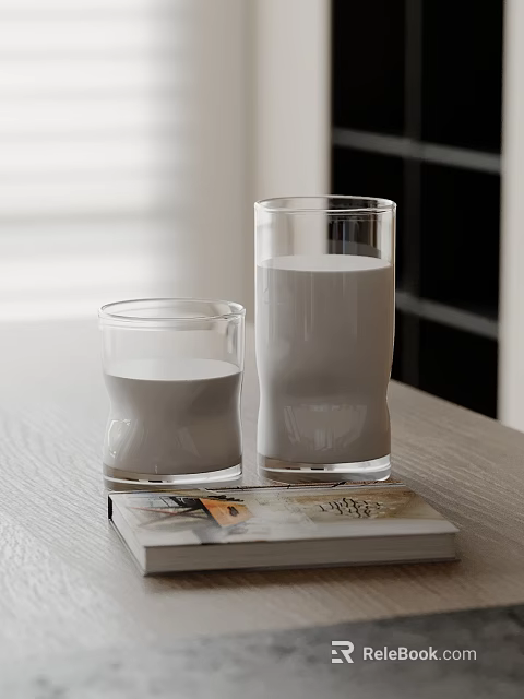 Decorative Ornament Set with Glass Cups Holding White Liquid on Magazine Over Wooden Tabletop 3d model 
