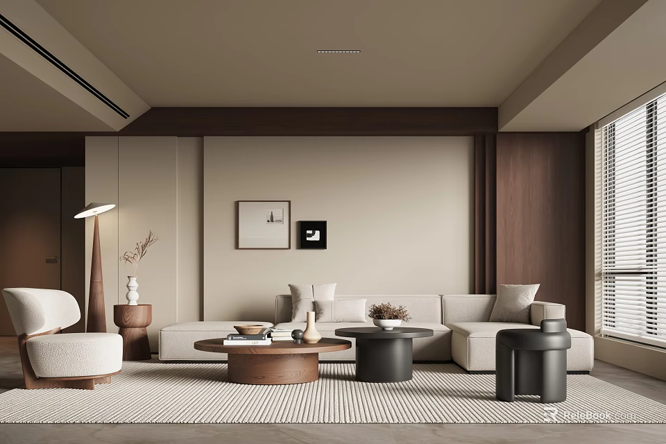 Modern Living Room Interior Design With Beige Sofa Wooden Elements And Area Rug 3d model 
