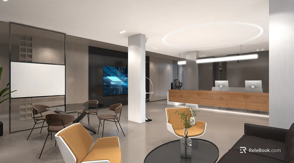 Modern Front Desk Reception Area With Wooden Counter Lounge Seating And TV Screen 3d model 