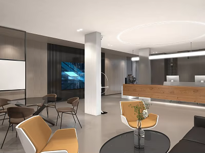 Modern Front Desk Reception Area With Wooden Counter Lounge Seating And TV Screen 3d model