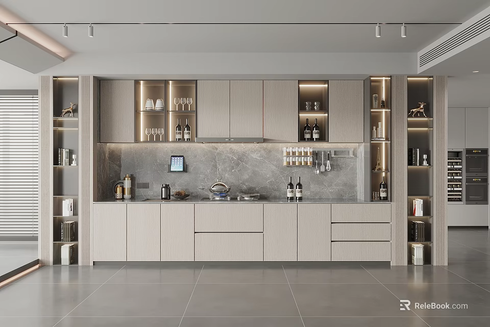 Modern Kitchen Interior With Gray Cabinets Ample Storage And Recessed Lighting 3d model 