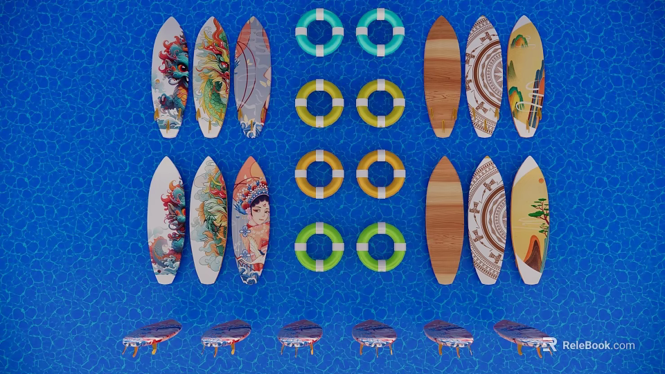Vibrant Ocean Theme Decorative Wall Hangings With Colorful Surfboards And Life Rings 3d model 