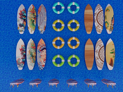 Vibrant Ocean Theme Decorative Wall Hangings With Colorful Surfboards And Life Rings 3d model