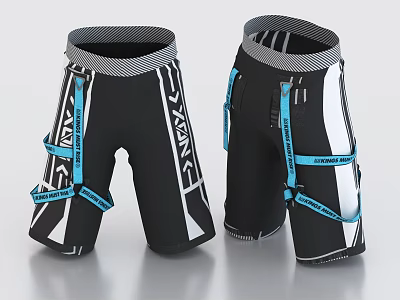 Functional Black And White Athletic Shorts With Blue Straps And Pattern Design 3d model