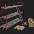 Industrial Storage Shelves With Red Frame Metal Tiers Ladder Cardboard Boxes And Wooden Pallet