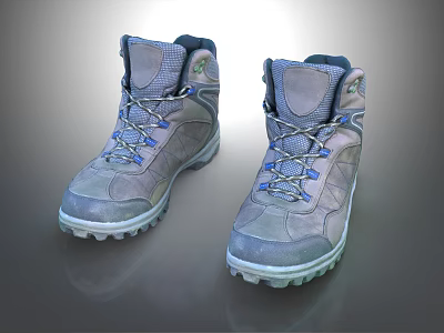 Grey High Top Outdoor Shoes With Blue Laces And Non Slip Sole For Hiking 3d model