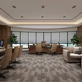 Modern Office Interior With Spacious Layout Large Windows Desk Chairs Sofa And Green Plants 3d model