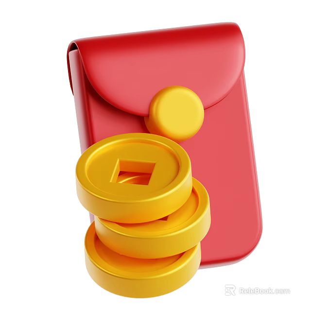 Traditional Festive Decorative Ornament Set With Red Pouch And Gold Coins With Square Holes 3d model 