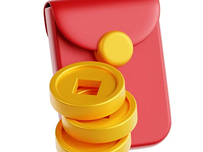 Traditional Festive Decorative Ornament Set With Red Pouch And Gold Coins With Square Holes 3d model