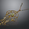 Elegant Golden Pendant Necklace With Green Gemstone And Diamonds In Intricate Filigree Design