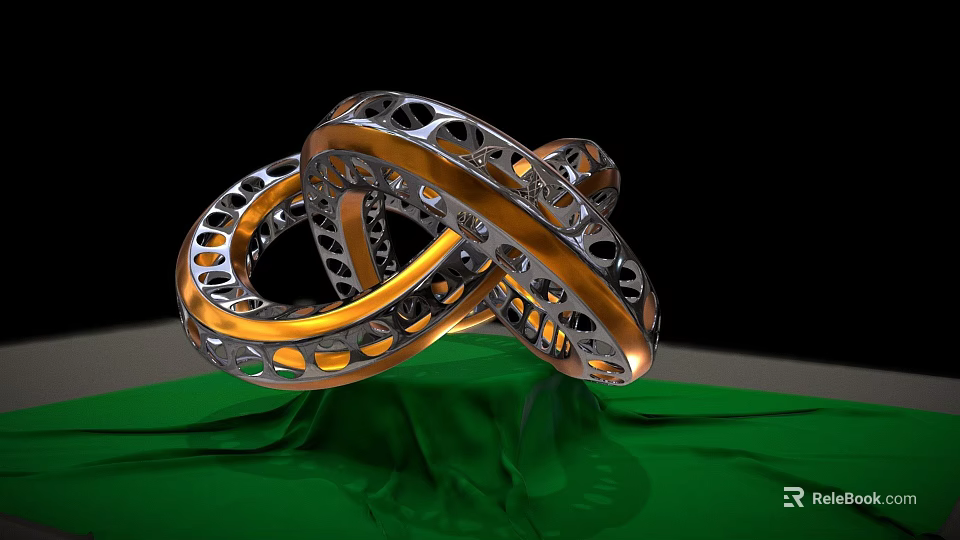 Intricate Metal Sculpture Featuring Intertwined Perforated Rings And Green Reflective Base 3d model 