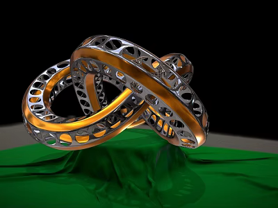 Intricate Metal Sculpture Featuring Intertwined Perforated Rings And Green Reflective Base 3d model