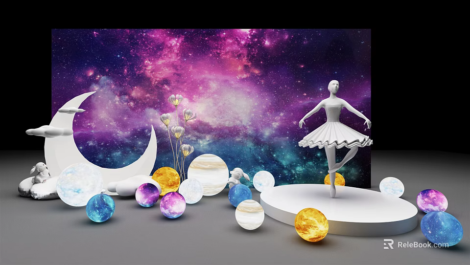 Starry Galaxy Background With Crescent Moon Colorful Spheres And Ballet Dancer Figure 3d model 
