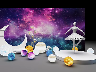 Starry Galaxy Background With Crescent Moon Colorful Spheres And Ballet Dancer Figure 3d model