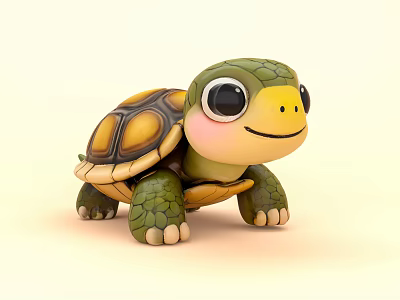Cartoon Aquatic Turtle with Green Shell Yellow Patterns Big Eyes Smiling on Light Background 3d model