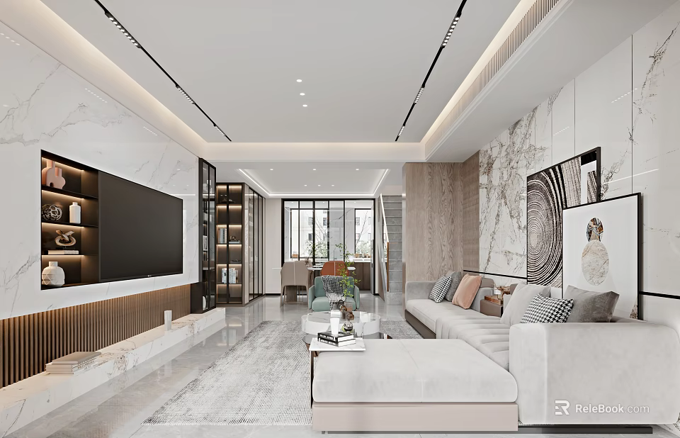 Modern Luxury Living and Dining Room Open with Marble TV Wall Floor-to-Ceiling Windows Pendant Lights 3d model 