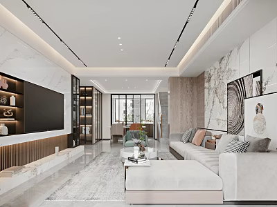 Modern Luxury Living and Dining Room Open with Marble TV Wall Floor-to-Ceiling Windows Pendant Lights 3d model