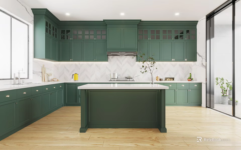Green Kitchen Interior With White Countertop Island Wooden Flooring And Marble Backsplash 3d model 
