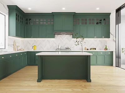 Green Kitchen Interior With White Countertop Island Wooden Flooring And Marble Backsplash 3d model