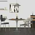 Modern Dining Table And Chairs Set With Round Top And Abstract Wall Art 3d model