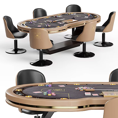 Luxury Entertainment Table with Round Shape Leather Chairs Poker Chips and Playing Cards 3d model