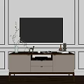 Modern TV Stand With Drawers And Decorative Ornaments On Paneled Wall Background