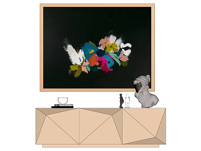 Geometric TV Stand With Floral Wall Art Cat Dog Figurines And White Cup 3d model