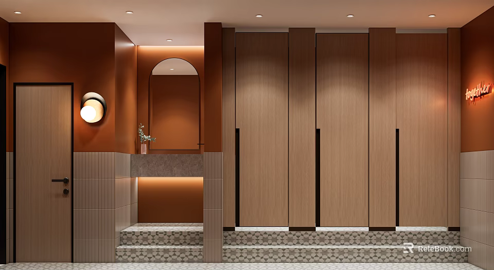 Modern Public Restroom With Brown Walls Arched Mirror Wooden Stalls Illuminated Countertop And Stone Steps 3d model 