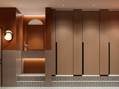 Modern Public Restroom With Brown Walls Arched Mirror Wooden Stalls Illuminated Countertop And Stone Steps 3d model