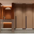 Modern Public Restroom With Brown Walls Arched Mirror Wooden Stalls Illuminated Countertop And Stone Steps