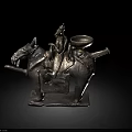 Ancient Bronze Sculpture Figure Riding Horse With Container On Horseback And Intricate Base