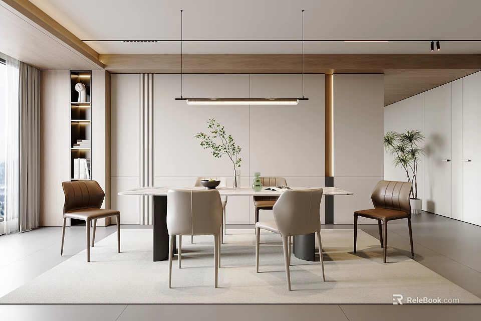 Modern Open Restaurant Interior Design With Dining Table Chairs Pendant Lights And Green Plants 3d model 