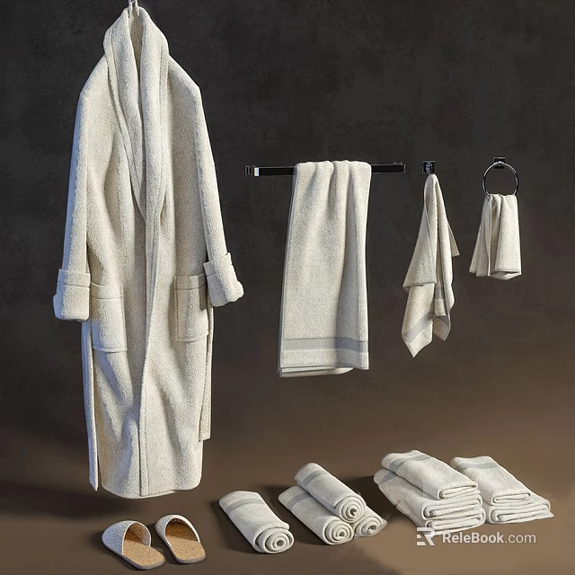Soft Beige Cotton Bath Towels Hanging And Folded With Robe In Bathroom 3d model 