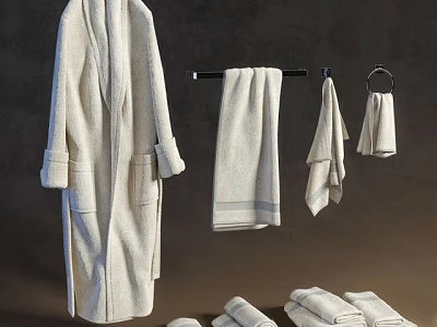 Soft Beige Cotton Bath Towels Hanging And Folded With Robe In Bathroom 3d model