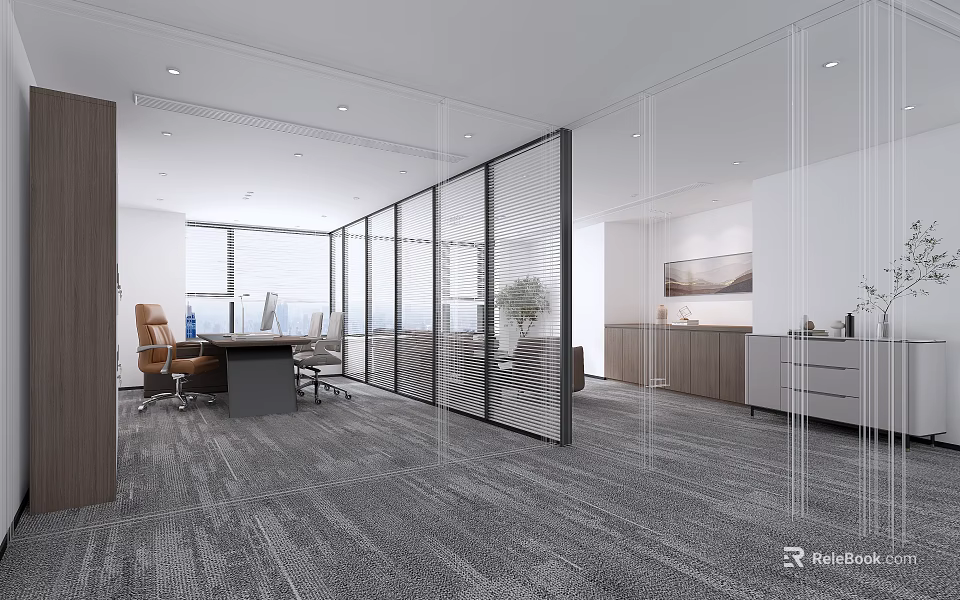 Modern Office Interior With Glass Partitions Wooden Desk Ergonomic Chairs And Large Windows 3d model 