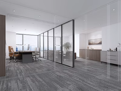 Modern Office Interior With Glass Partitions Wooden Desk Ergonomic Chairs And Large Windows 3d model