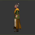 Elderly woman in green top yellow scarf white floral apron with arms outstretched