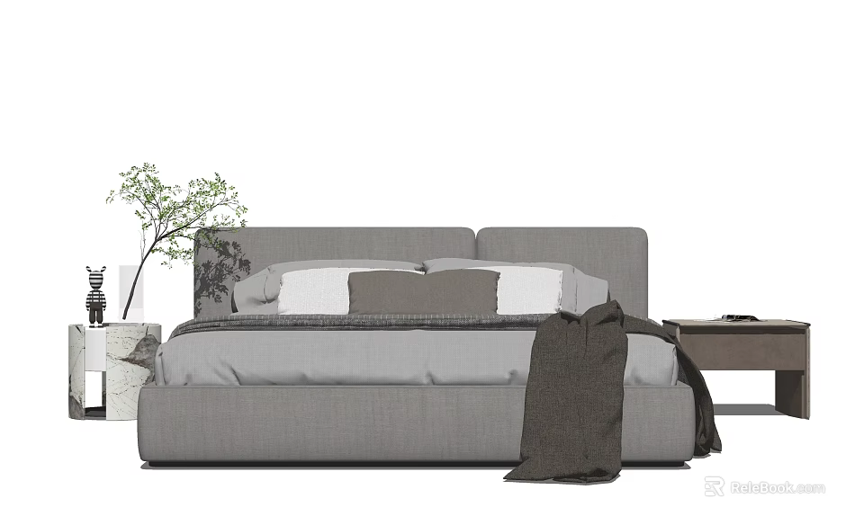 Modern Gray Upholstered Double Bed With White Pillows Throw Blanket And Nightstand 3d model